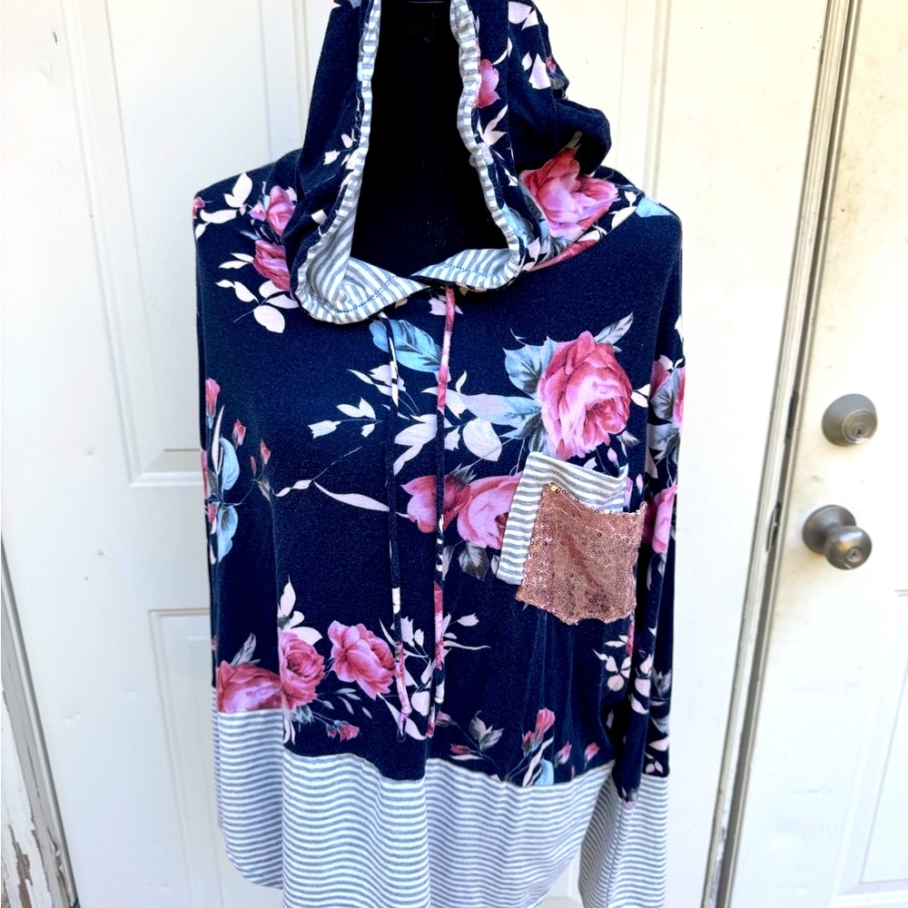 Chic Soul, Floral, Hoodie with Striped Accents, Size 3XL